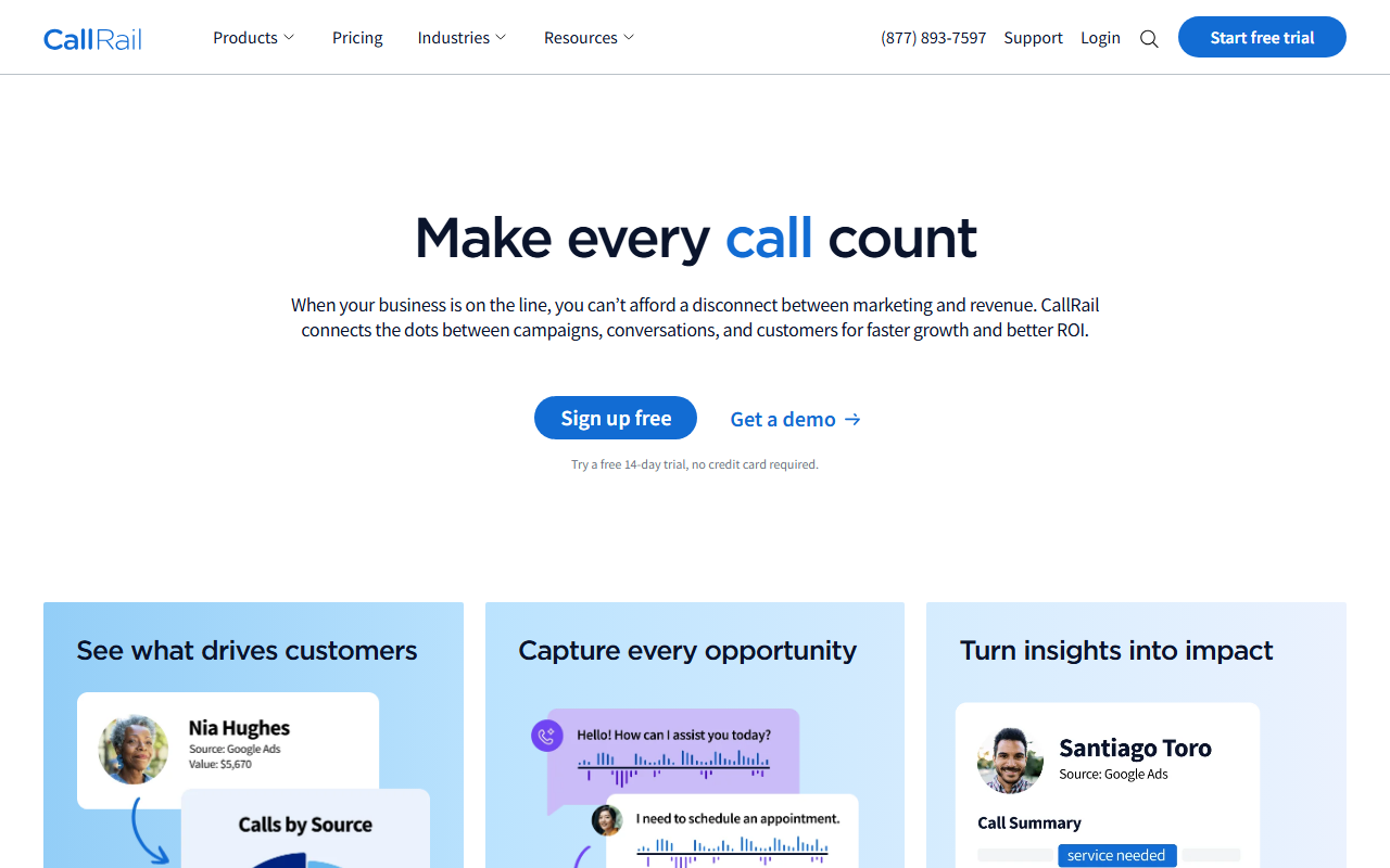 Screenshot of the CallRail homepage