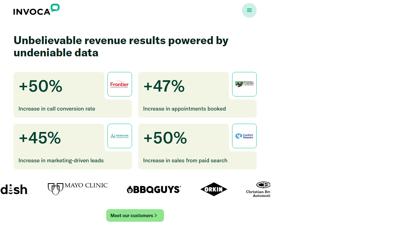 Screenshot of the Invoca homepage